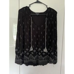 Lucky Brand Size L Boho V Neck Tassel Top Black Long Sleeve Blouse Shirt